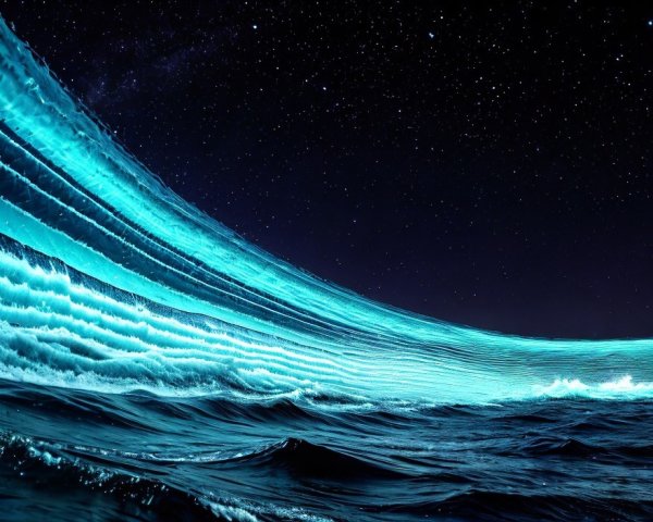 Nighttime Ocean Scene with Luminous Waves and Stars