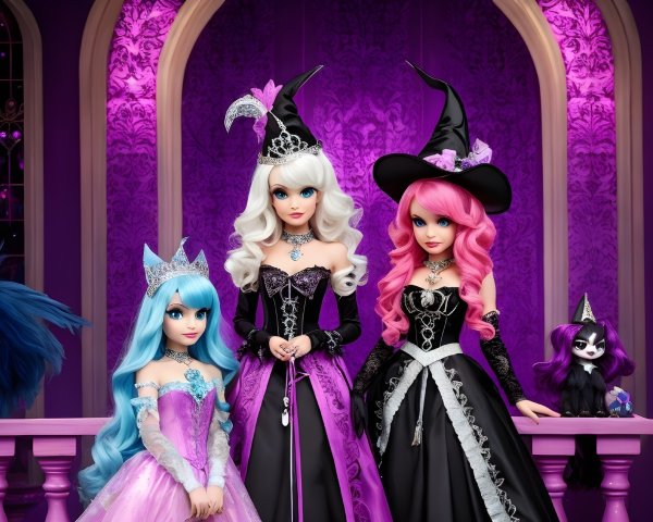 Stylish dolls in an enchanting setting with regal backdrop