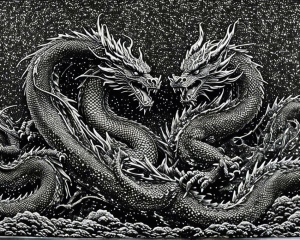 Intricately Designed Dragons in Dramatic Confrontation