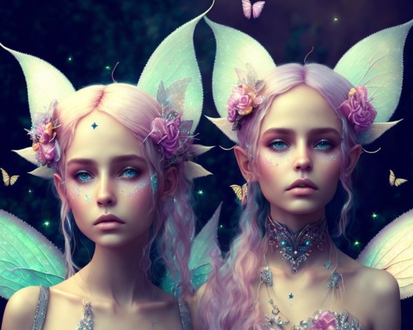 Ethereal fairies with pastel hair and shimmering wings
