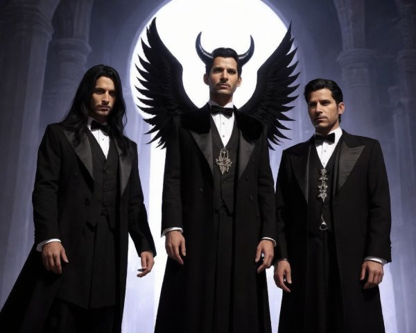Three Men in Formal Attire with Dark Supernatural Elements