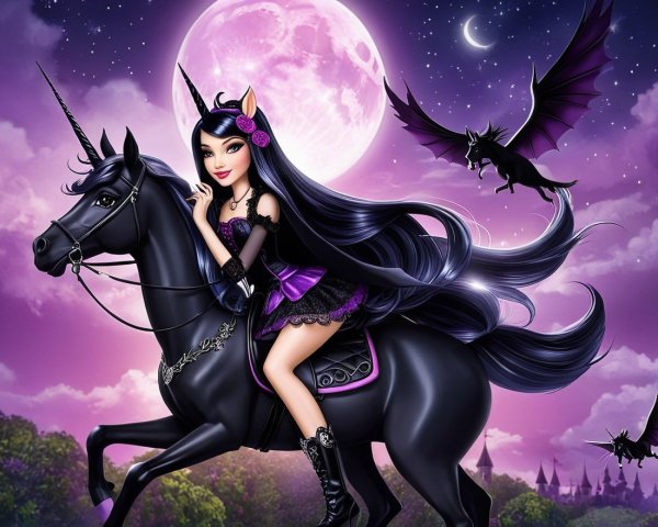 Young woman on black unicorn under a glowing moon