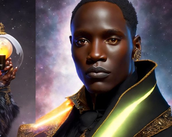 Regal Figure in Cosmic Backdrop with Detailed Cloak