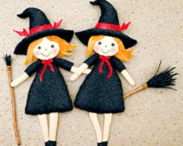 Handmade Witch Dolls in Black Dresses with Broomsticks