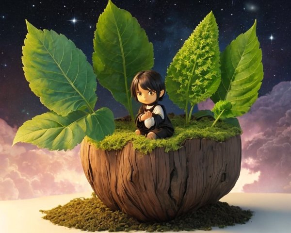Animated Character in a Wooden Bowl Surrounded by Nature