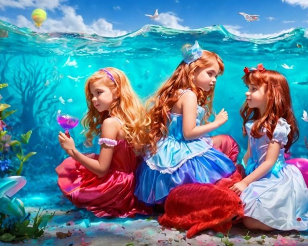 Young girls in fairytale dresses in underwater scene