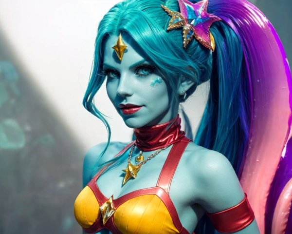 Vibrant Character with Turquoise Hair and Cosmic Costume