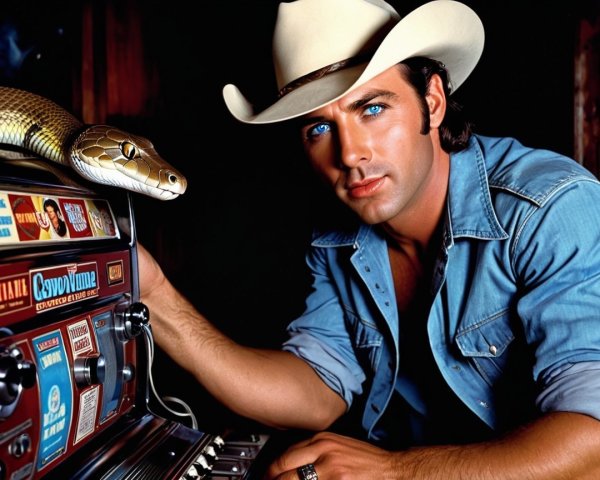 Charismatic Individual with Jukebox and Snake Display