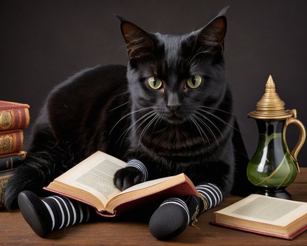 Black Cat on Book with Vintage Jug and Antique Books