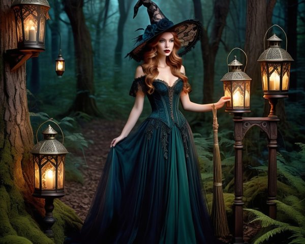 Witch in Enchanting Gown in Mystical Forest Setting