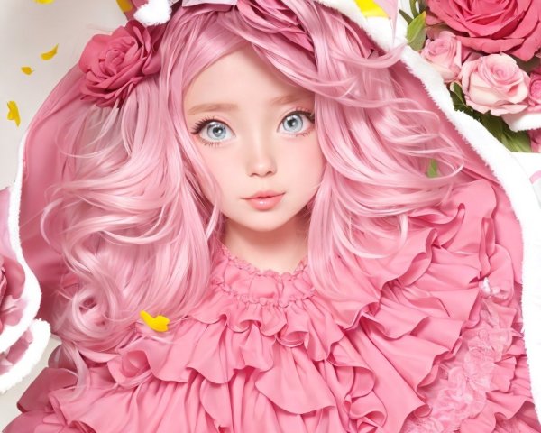 Portrait of a girl with pastel pink hair and roses