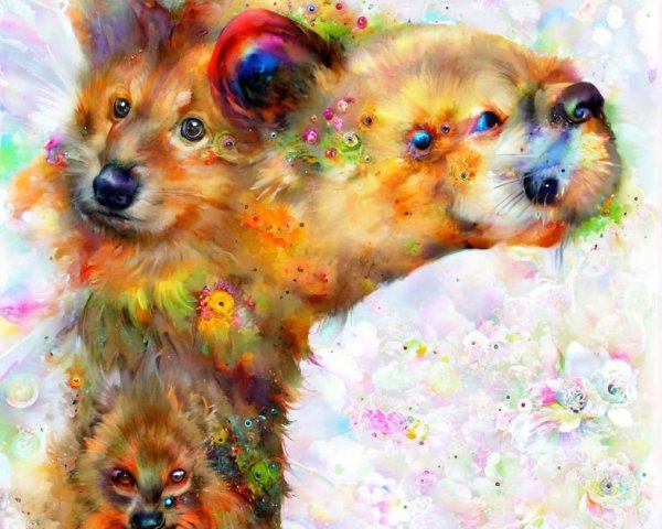 Vibrant Whimsical Portrayal of Three Stylized Dogs