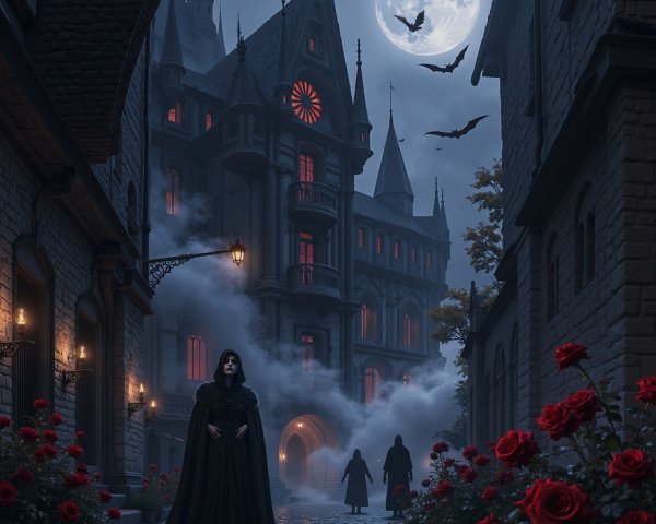 Mystical village with gothic architecture and roses