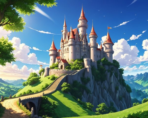 Fairy Tale Castle on Rocky Hill with Lush Surroundings