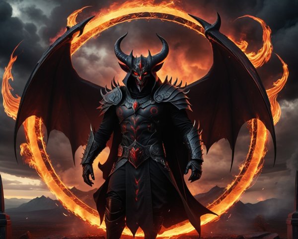 Menacing Figure in Dark Armor with Fiery Symbol