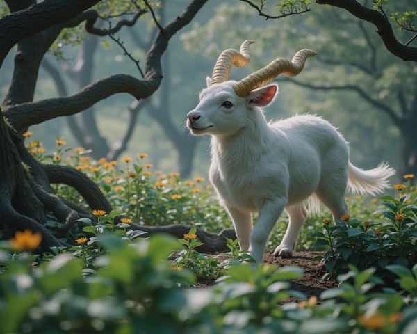 White Goat in a Sun-Dappled Forest with Flowers
