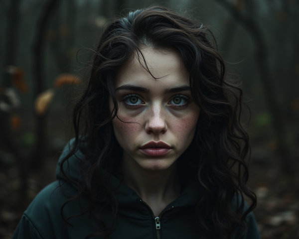 Young Woman in Misty Forest with Striking Blue Eyes