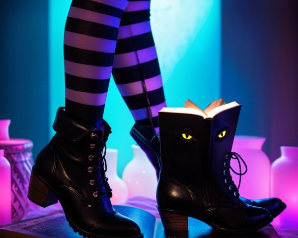 Black Boots on Book Surrounded by Colorful Decor
