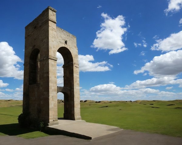 Solitary Stone Archway in Green Fields and Blue Sky