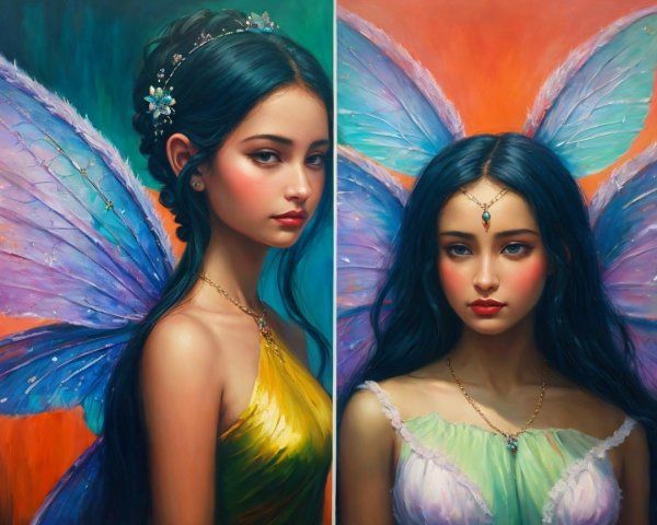 Fairy-like figures with colorful wings and gowns