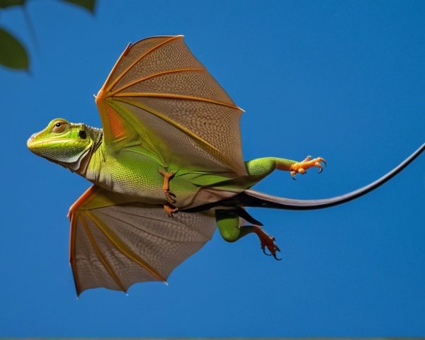 Vibrant Green Lizard Gliding Against Blue Sky