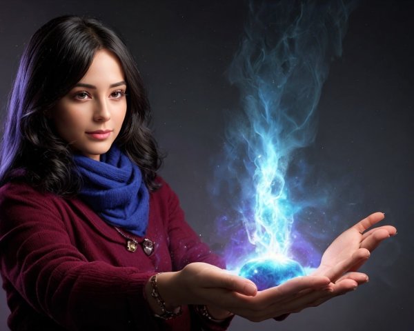 Young woman channeling energy with glowing blue orb