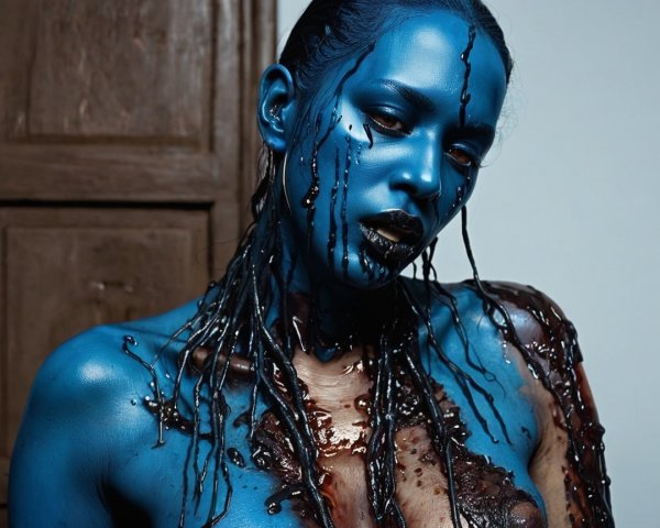 Vibrant Blue Body Paint on Dark Background