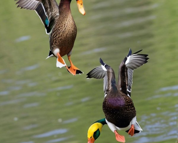 Male Ducks in Mid-Air Above Tranquil Water Scene