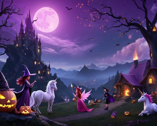 Whimsical Twilight Landscape with Unicorns and Castle