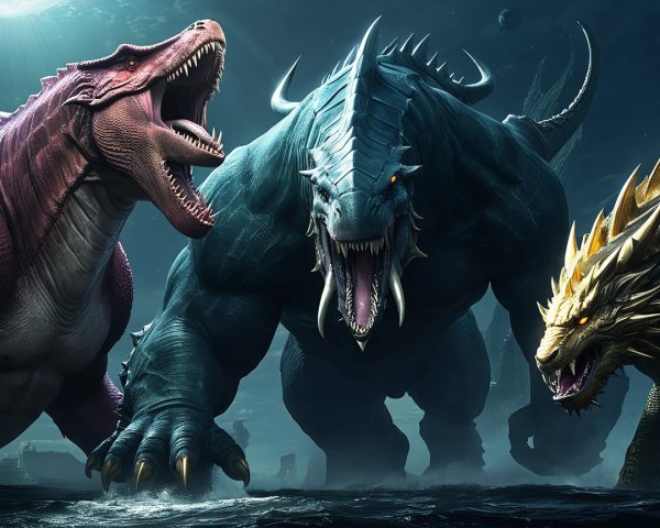Colossal Fantastical Creatures in Ominous Surroundings