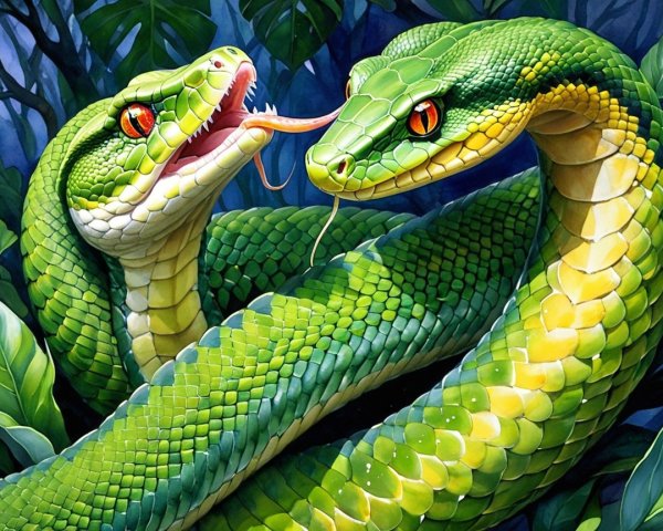 Vibrant portrayal of intertwined green snakes in nature