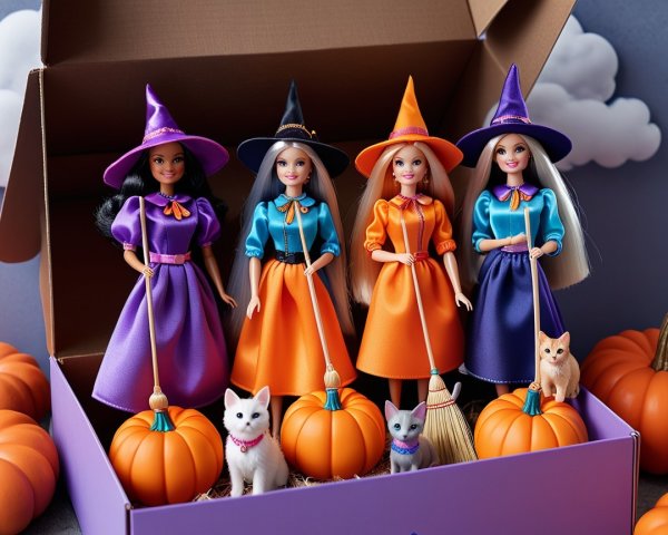 Colorful Halloween Dolls in Witch Costumes with Cats