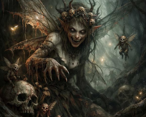 Terrifying Fairy Creature in Dark Swamp Setting