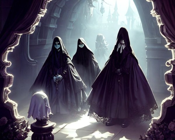 Gothic Scene with Cloaked Figures in an Archway