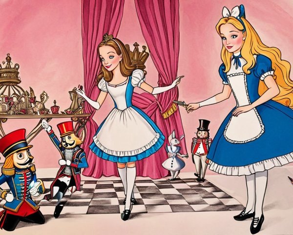 Young Girls in Classic Dresses with Whimsical Characters