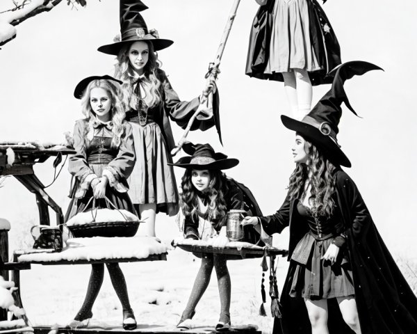 Group of Young Witches in Snowy Black and White Scene