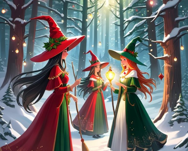 Witches in Festive Robes in a Snowy Forest Scene