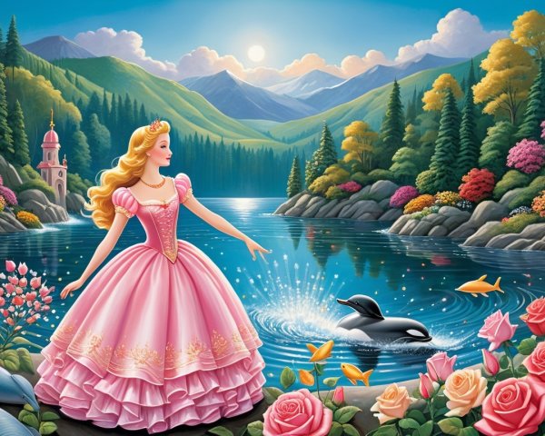Princess by Shimmering Lake with Dolphins and Flowers