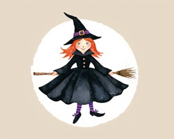 Cheerful Young Witch in Classic Attire with Broomstick