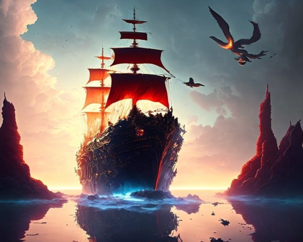Majestic ship with red sails under surreal sunset sky