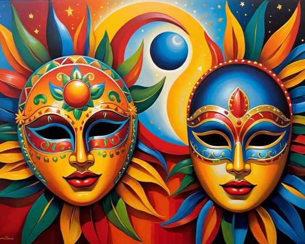 Vibrant Sun and Moon Masks in Abstract Art Style