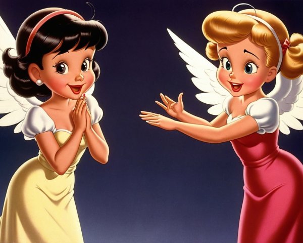 Animated Characters with Angelic Wings in Joyful Scene