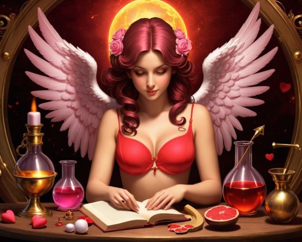 Mystical Scene of Woman with Pink Hair and Potions