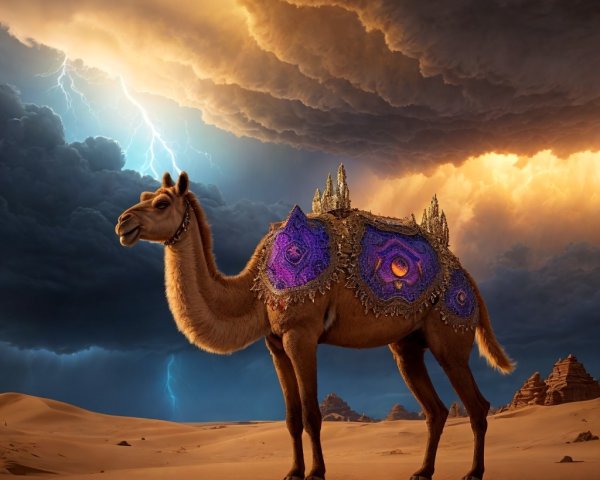 Camel in Desert with Dramatic Sky and Patterns