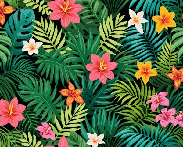 Tropical Flower and Foliage Pattern on Black Background