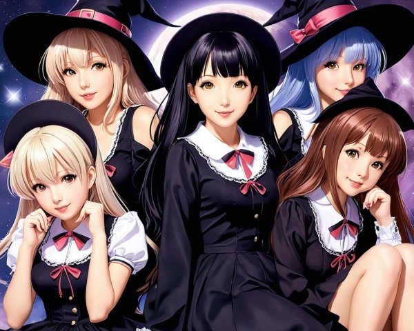 Anime Illustration of Five Distinct Witches at Night