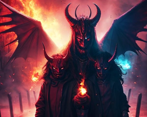 Menacing figure with horns in a fiery atmosphere
