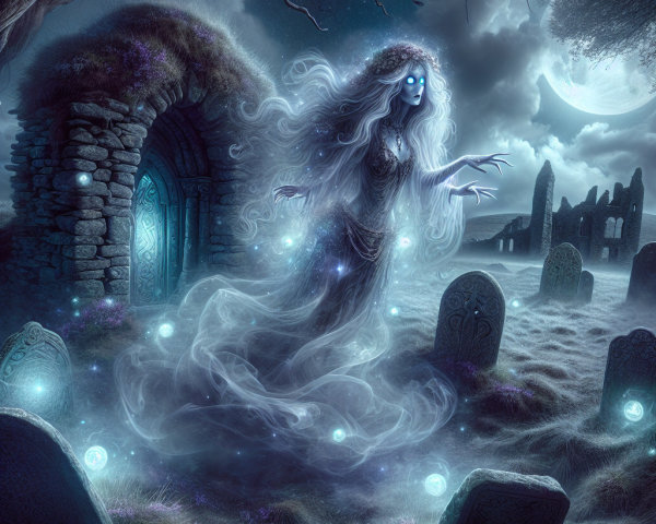 Spectral Figure in Misty Graveyard at Night