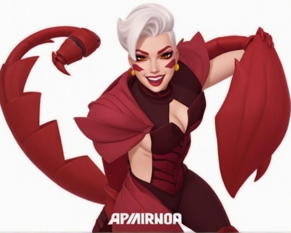Confident Character in Red Armor with White Hair