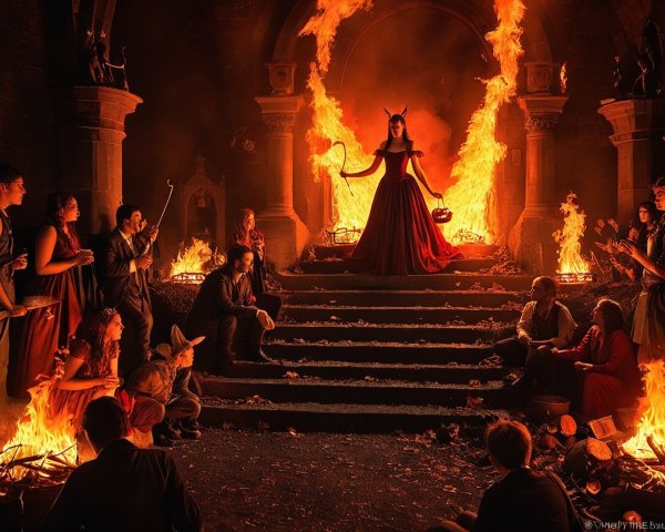 Figure in Red Gown on Stone Steps Amid Flames